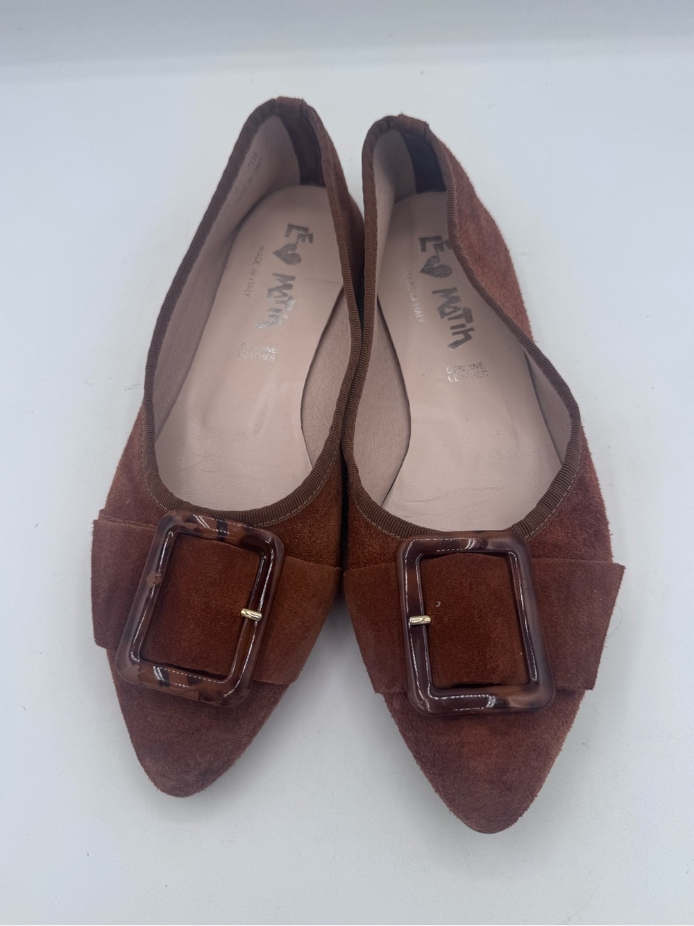Le Matin Brown Suede Pointed Ballet Flats with Buckle